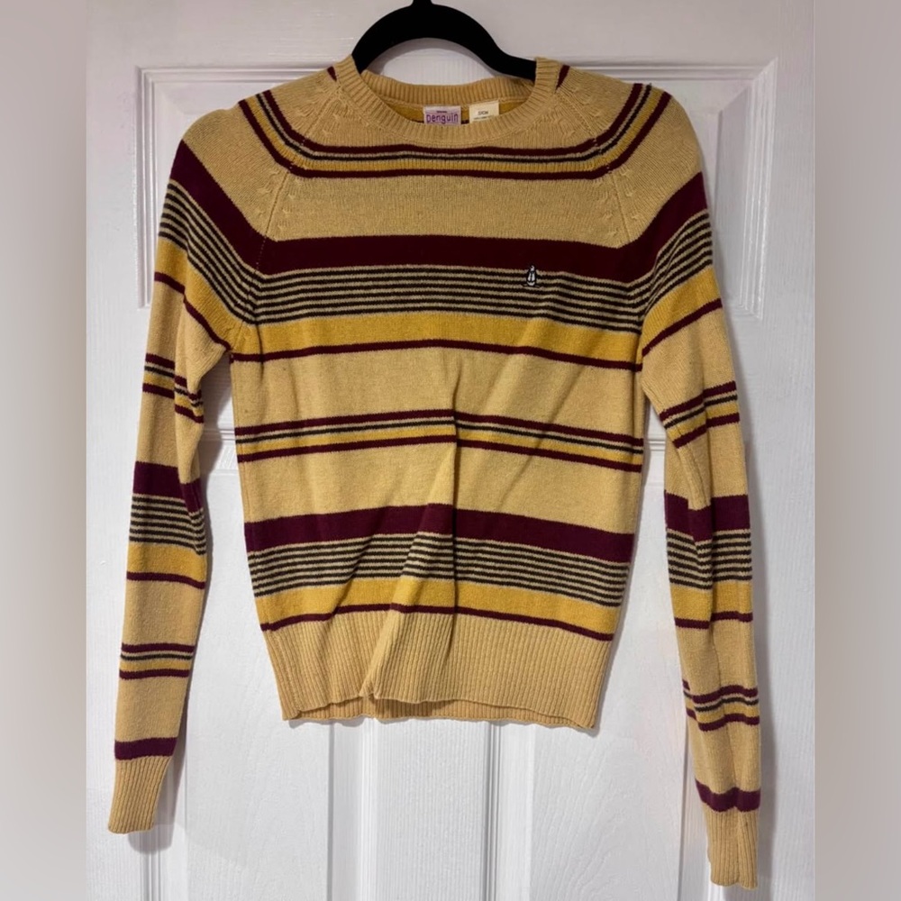 Classic Striped Crew Neck Sweater - Mustard and Burgundy